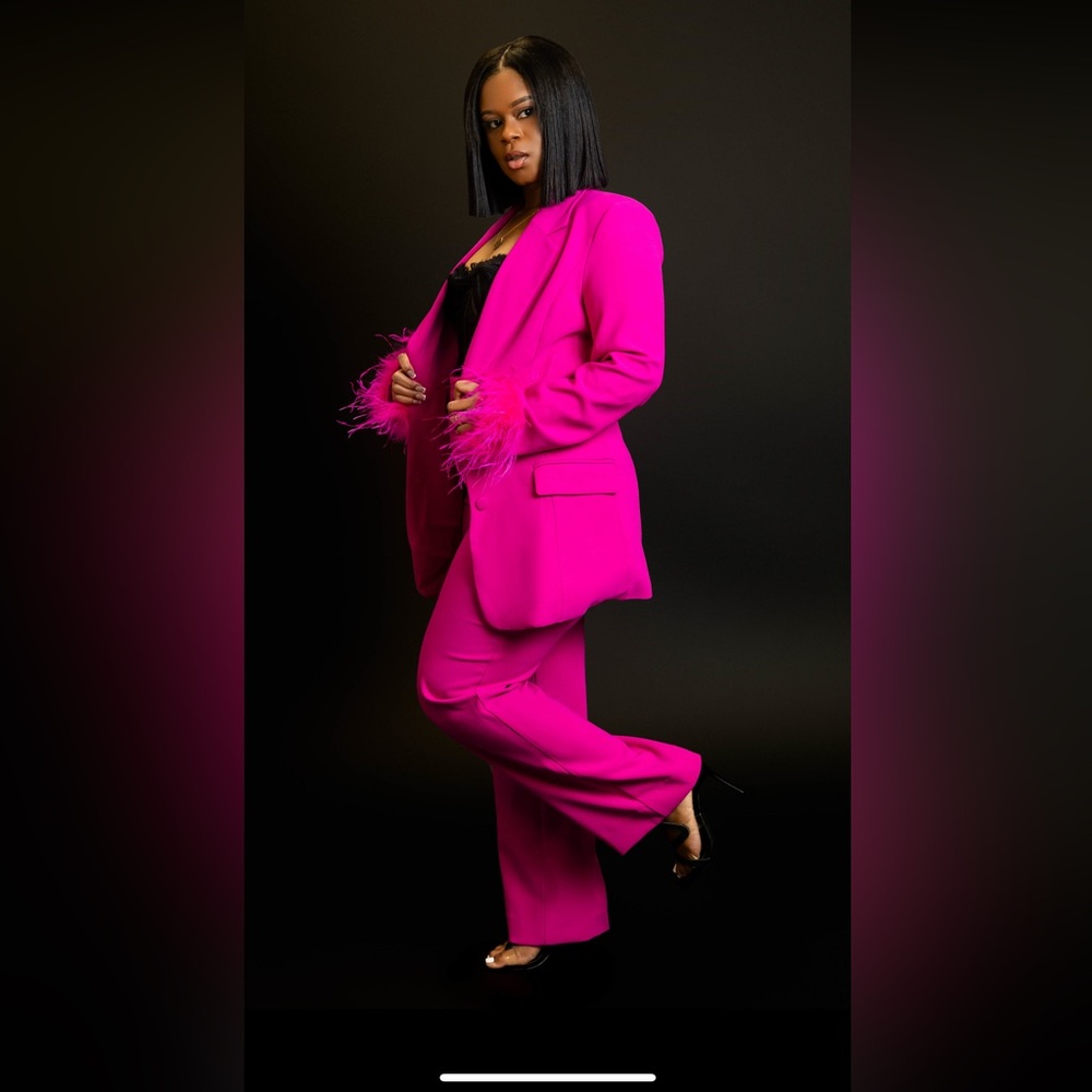 Vibrant Magenta Suit with Feather Cuffs